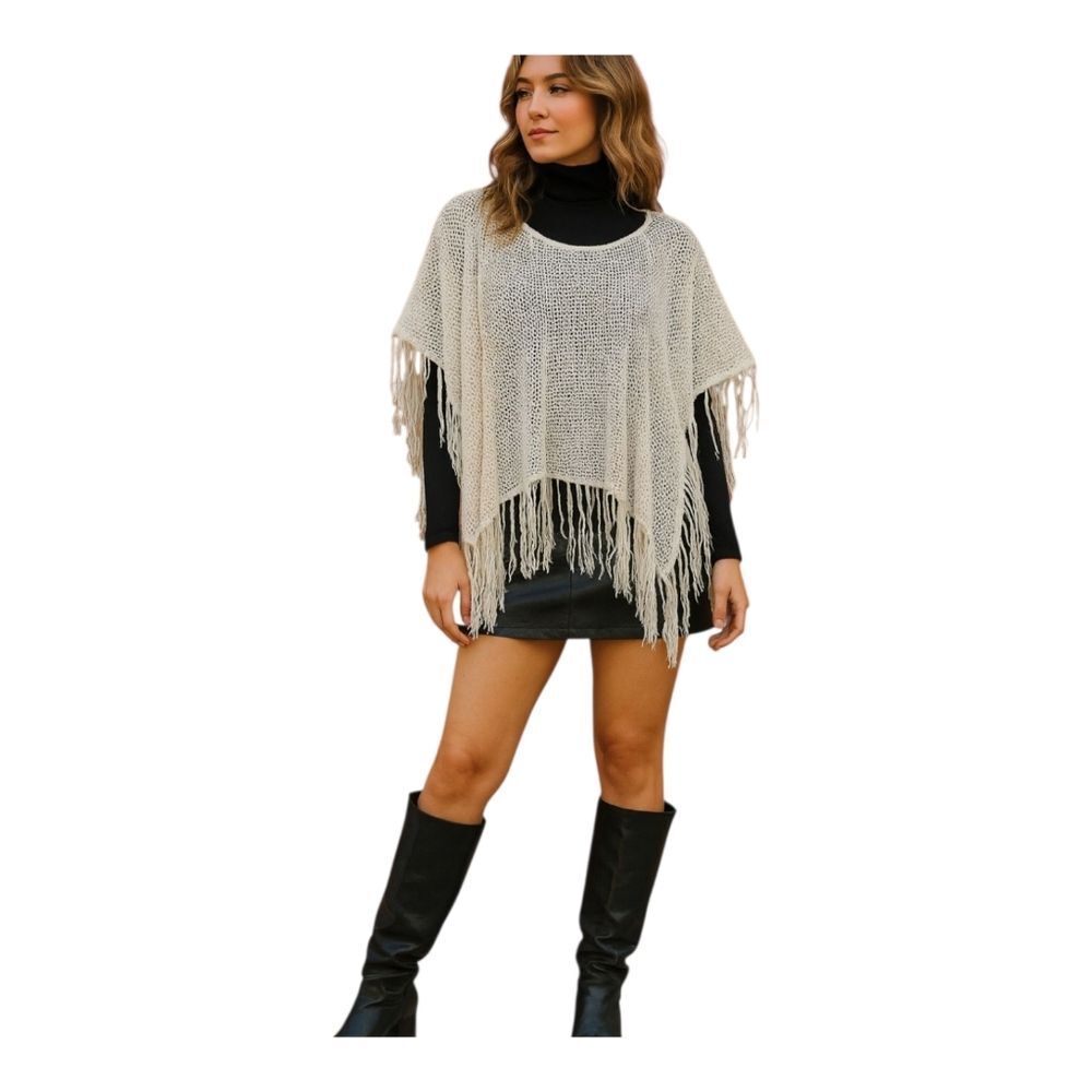 Crochet Fringe Boho Poncho Beach Cover Up One Size White Open Knit Fishnet Mesh